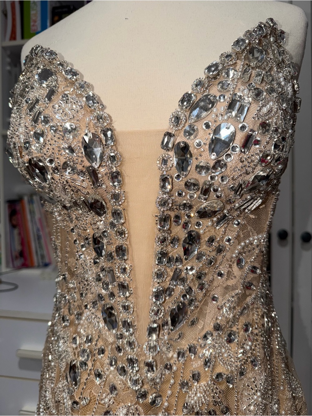 Embellished Nude Evening Dress with Crystal Appliqué